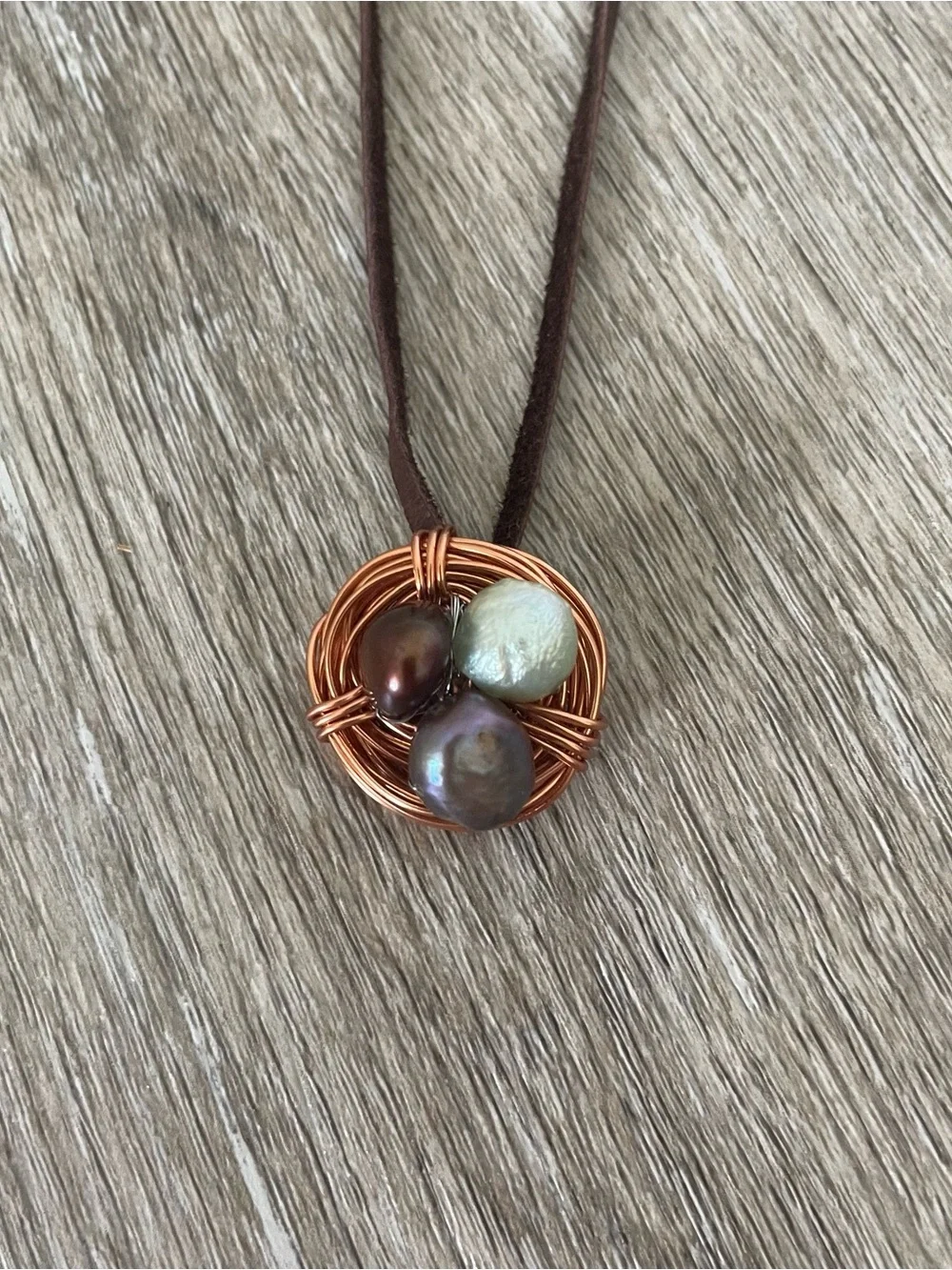 Handcrafted Wire Wrapped Stone Pendant Necklace – Brown Cord – Copper Tone Wire